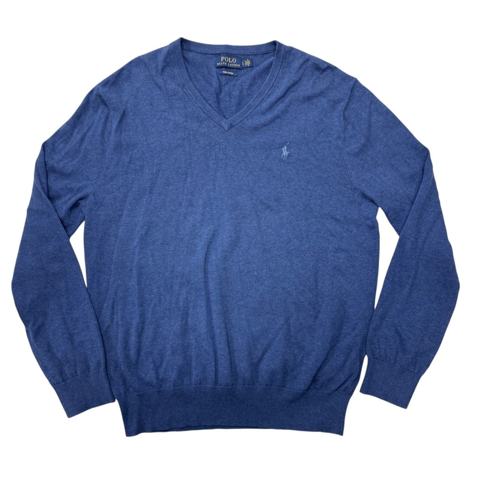 Polo Ralph Lauren Mens Pima Cotton V-Neck Sweater‎ Blue Heather Large Pony Logo